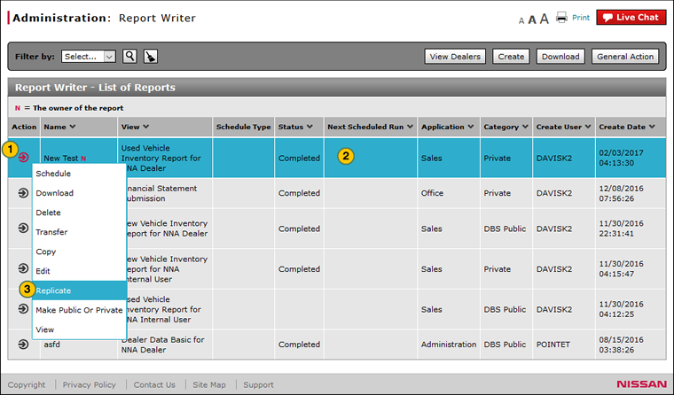 Report Writer page with Replicate option highlighted